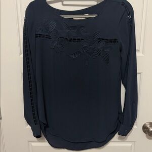 LOFT Navy Long-Sleeve Floral Cutout Blouse
